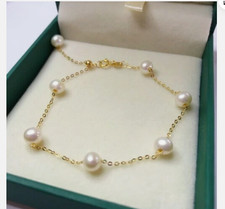 ELEGENT AAAA 6-7mm Natural Akoya White Pearl Bracelet 14k Gold 7.5-8" L