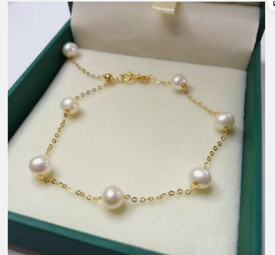 ELEGENT AAAA+ 6-7mm Natural Akoya White Pearl Bracelet 14k Gold 7.5-8'' L