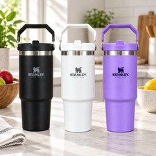 30oz Stainless Steel Insulated Tumbler with Hanging Handle and Flip Straw Design