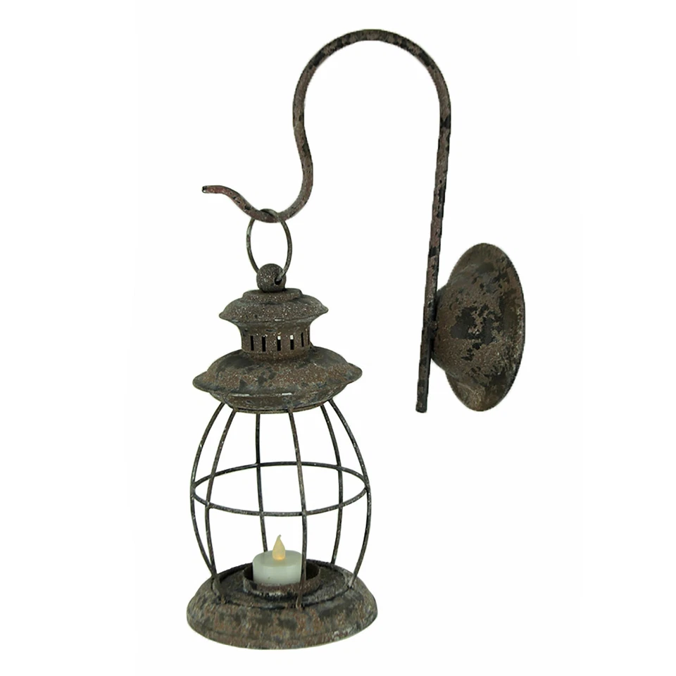 Distressed Metal Wall Mounted Railroad Lantern Hanging Candle Sconce Black - Image 2 of 4