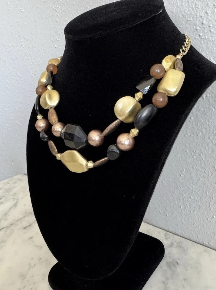 NY&Co. Gold Tone Double Strand Chunky Faux Stone Beaded Choker Necklace 15" - Image 4 of 4