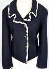 ST.JOHN JACKET BLACK TEXTURED KNIT WHITE TRIM POCKETS LOGO BUTTONS NWT SIZE 6