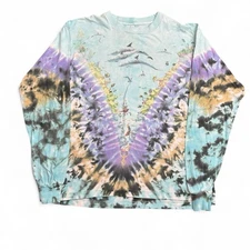 Vintage 90s Liquid Blue Dolphin Ocean Long Sleeve T-Shirt Large Tie Dye Fish AOP