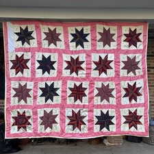 Vintage Eight Pointed Star Pink Box White Border Handmade Quilt 72  x90  