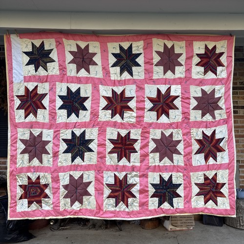 Vintage Eight Pointed Star Pink Box White Border Handmade Quilt 72”x90”