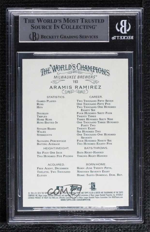 BAS 2015 Topps Allen & Ginter's Aramis Ramirez #193 BGS Authentic Auto - Image 2 of 2