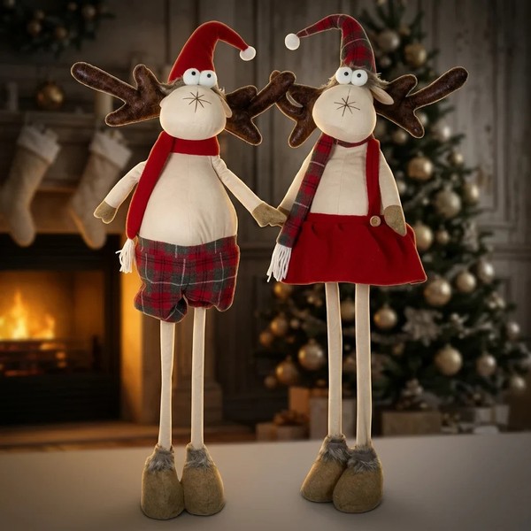 2X StüCk Xl Elch Teleskopbeine 52-92Cm Deko Figur Weihnacht Rentier Paar Beige-image