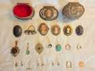Vintage Costume Jewelry Lot Cameo Brooches Trinket Boxes Rings Earrings Mixed