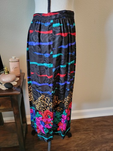 80s Vintage Black Midi Floral Silk Skirt, By Anne Crimmins For Umi Collections - Picture 4 of 8