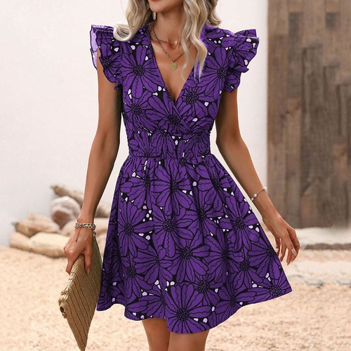 Damen V-Ausschnitt Kleid Damen Rüschen Ärmelloses Kleid Sommerkleider ≌ - Picture 29 of 30
