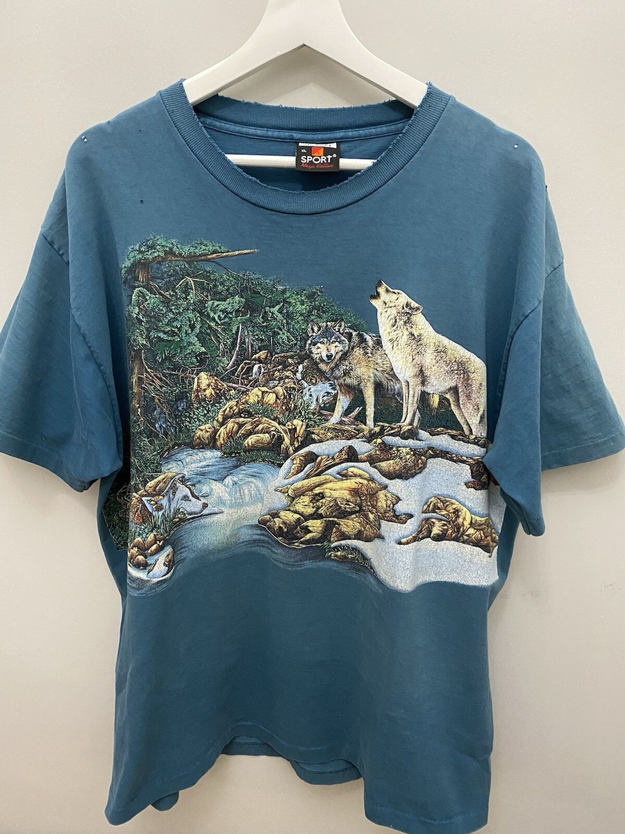 Vintage Wolf Habitat AOP T Shirt Size XL Green Wrap Around Nature