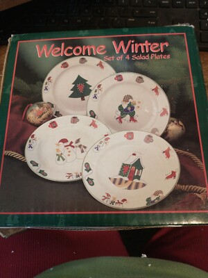 (Set of 4) Vintage Kmart Welcome Winter Salad Plates Christmas Stoneware 