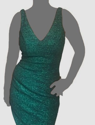 New $275 Marina Women's Green Glitter V-Neck Sleeveless Mesh Inset Dress Size 12