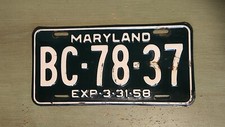Vintage Maryland License Plate BC - 78 - 37 White on Green EXP 3-31-58