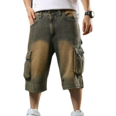Men Cargo Pocket Denim Shorts Wide Leg Hip Hop 3/4 Length