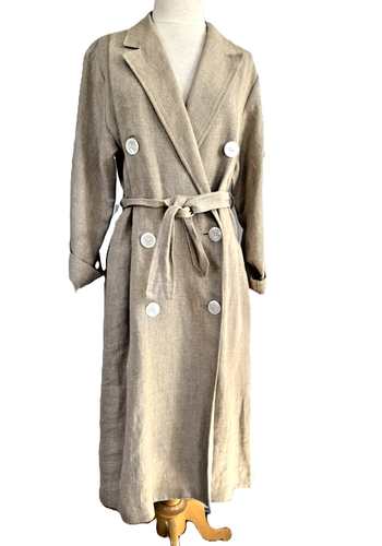Vintage Perry Ellis Women’s Linen Trench Coat, Sz 4 Natural Color Self Belt