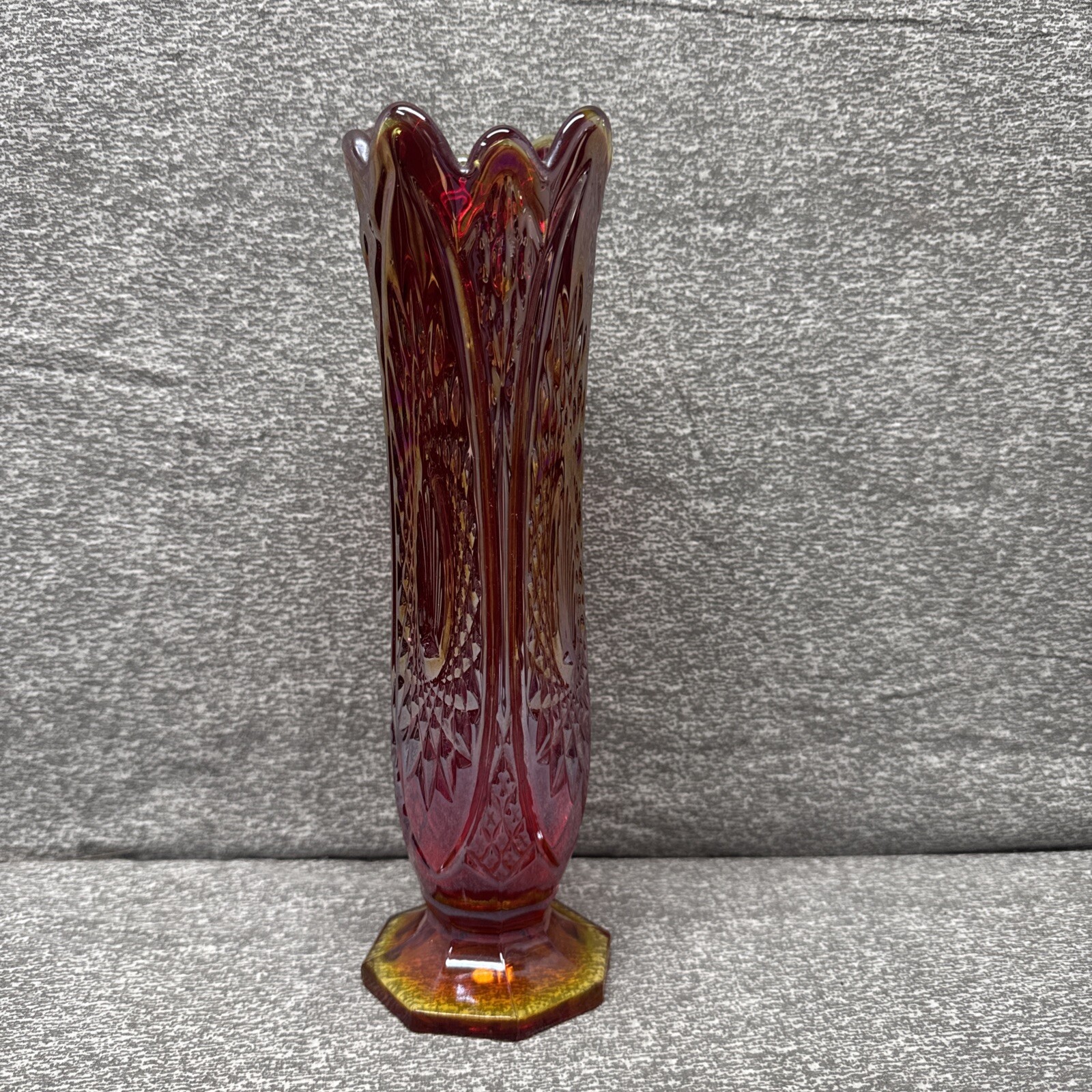Indiana Heirloom Amberina Sunset Red Iridescent Carnival Glass Swung Vase