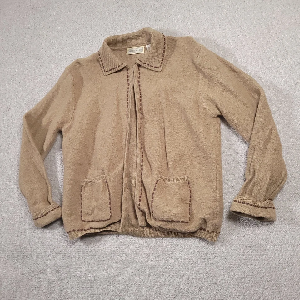Vintage Studio Works 100% Wool Cardigan Sweater Womens Large Beige Collared - Image 2 of 4