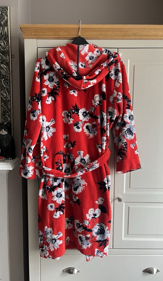 Joules Tea & Crumpets red floral hooded fleece dressing gown size L/XL