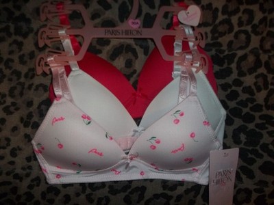 Paris Hilton 3pk girls bras 30A 32A pink cherry print/white/red nwt tween
