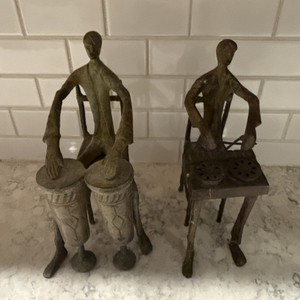Set of two VTG Mid Century Heavy Brass Sculpture Man On Chair With Drums 
