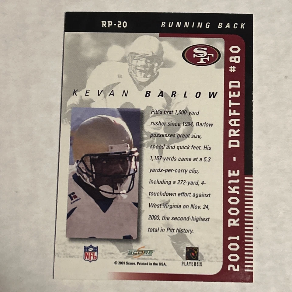 2001 Score Select - Rookie Preview Autographs Kevan Barlow #RP-20 (AU, RC) - Image 2 of 2