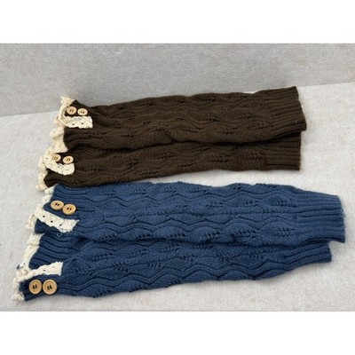 Leg Warmers Brown Blue Crochet Lace Trim Button Cable Knit Cottagecore Set of 2