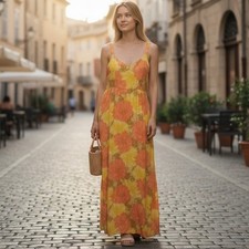 I. Magnin Maxi Dress Womens S Yellow Floral Vtg 60s Psychedelic Mollie Stone
