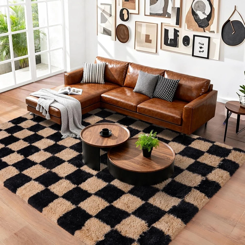 Alfombra mullida a cuadros suave peluda alfombra alfombra para sala de estar dormitorio piso Foto 4 de 4
