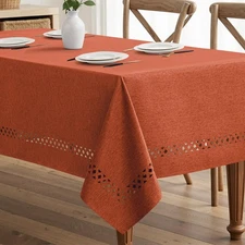Burnt Orange Rectangle Linen Polyester Fall Thanksgiving Tablecloth with Deco...