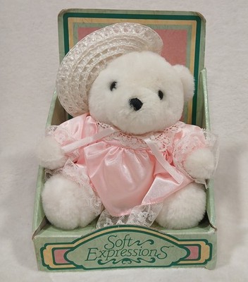 Vintage Soft Expressions White Bear Classic Special Edition Pink Dress White Hat