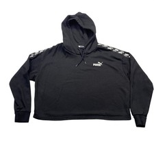 Puma Womens Cropped Hoodie Black Logo Tape Sleeve Pullover Sweatshirt Medium