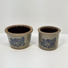 2 Vtg Beaumont Brothers 1.25" Mini Crocks Stoneware Salt Glaze CORNUCOPIA NEW