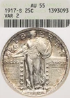 1917-S 25C ANACS AU55 Type 2 Standing Liberty Quarter T2 Old Soapbox Holder
