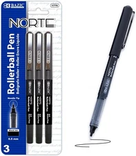 BAZIC Norte Rollerball Pen 0.5mm Black Color Needle Point, Regulator Flowing