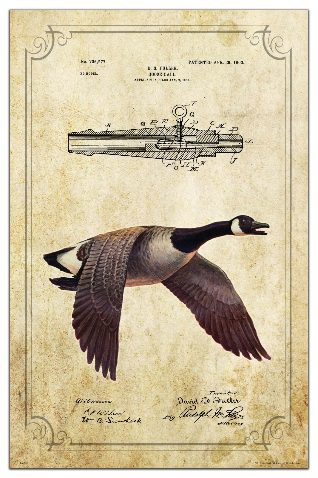 Vintage Goose Call Patent Art Print 11x17 Duck Hunting Decoys.