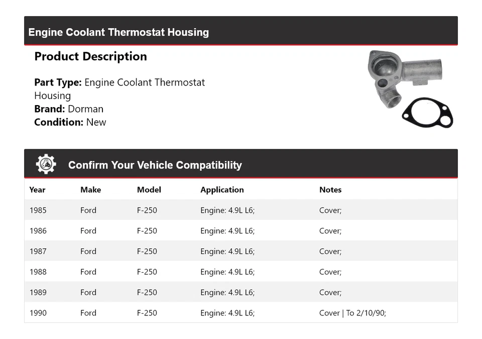 Carcasa termostato refrigerante motor Dorman 4,9 L L6 1985-1990 Ford F-250 1986 Foto 2 de 4