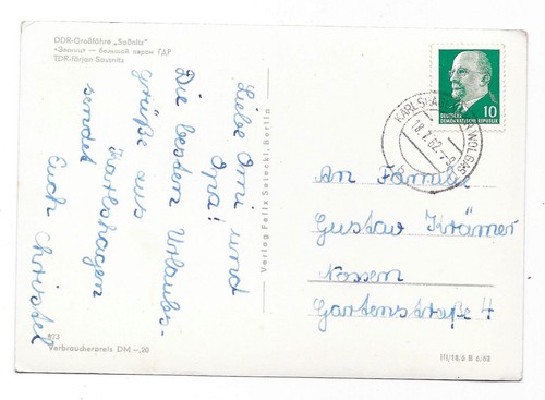 AK Ostsee Schiff Großfähre 'Saßnitz' 1962 Ansichtskarte Postkarte - Bild 2 von 2