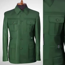 Dark Green Men's Safari Jacket Casual Vintage Wedding Outdoor Hunting Coat Pant