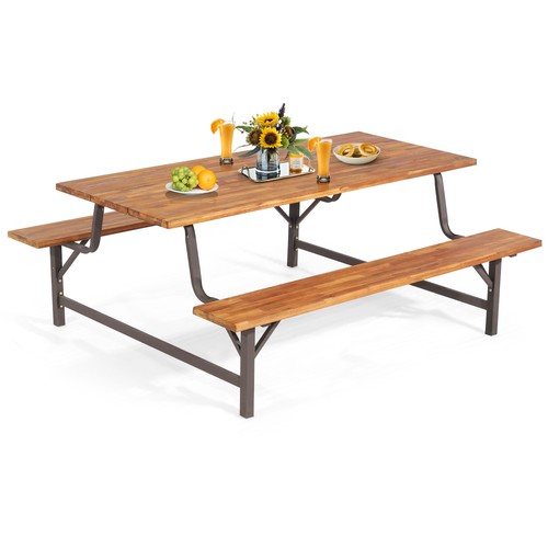 Acacia Wood Patio Picnic Table Bench Set w/ 71" Tabletop & 2" Umbrella Hole - Picture 10 of 10