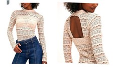 Free People Long-Sleeve Lace Open-Back Top In Neutral Beige Womens Size Medium