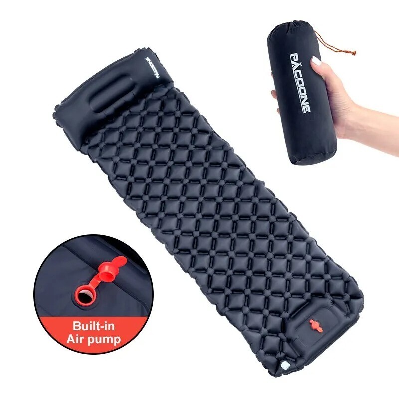 Ultralight Camping Sleeping Pad w/ Built-In Pump, Inflatable Mattress + Pillow
