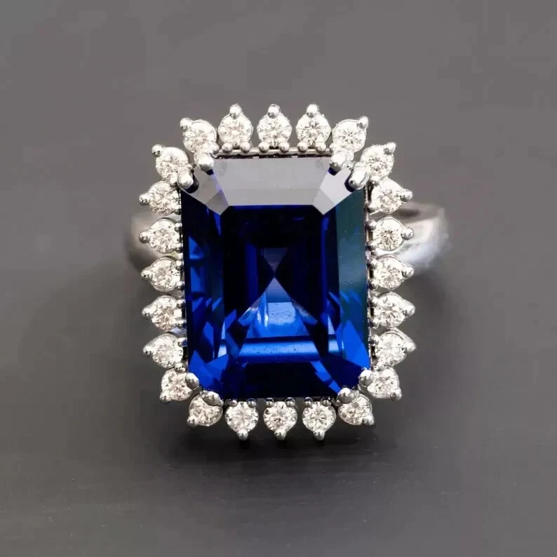 Обручальное кольцо из чистого белого золота 14 карат с натуральным сапфиром и бриллиантом огранки изумруд 5,10 карата - Изображение 2 из 4