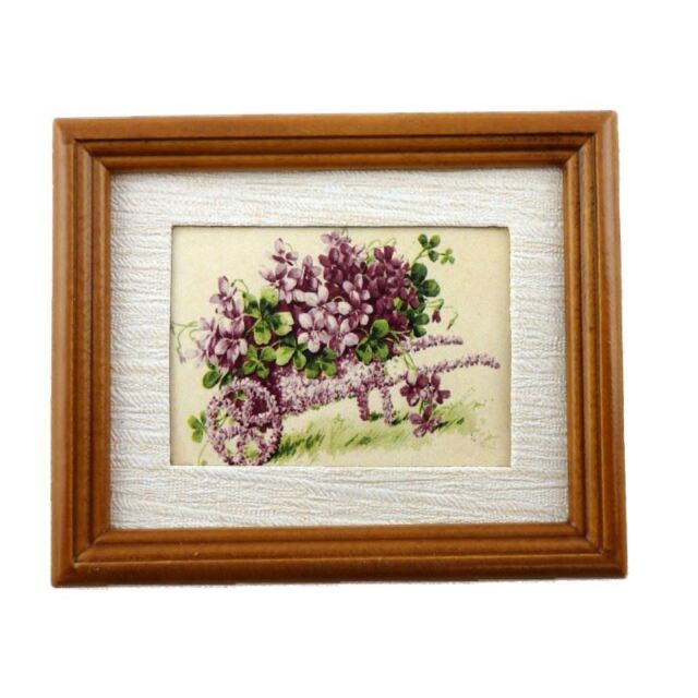 Dollhouse Wheelbarrow of Violets Picture in Walnut Frame Miniature Accessory