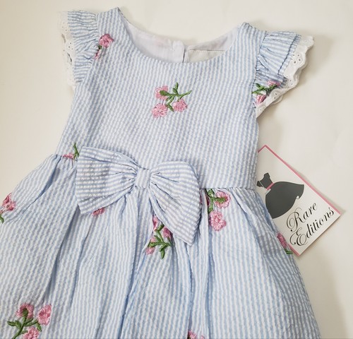 Rare Editions Dress Toddler Girls 3T White Blue Striped Seersucker Floral Ruffle - Picture 2 of 7