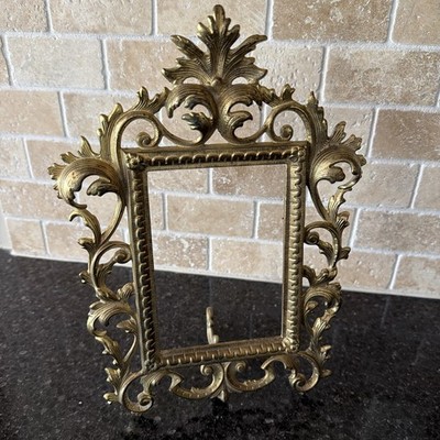 -Vintage Victorian Heavy Solid Brass Picture Frame Scroll Rococo Table 12x9