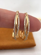 Sterling Silver Gold Plated Pave CZ Crossover Hoop Earrings Twisted Hoops