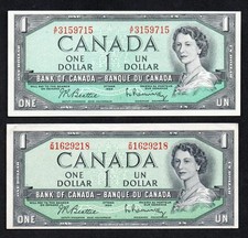 1954 X 2  CANADA OFF-CUT ONE DOLLAR BILLS  HAVE A  L@@@K