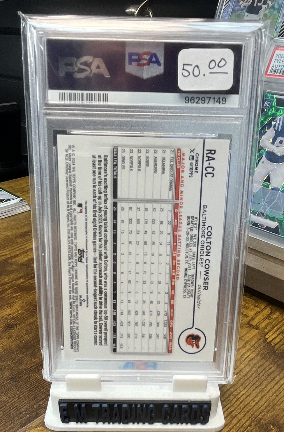 Topps 2024 Chrome Colton Cowser Rookie Auto RA-CC Aqua Wave /199 PSA 10 view 2