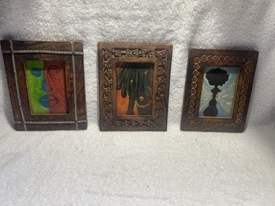 Set of 3 Handpainted Mini Artworks in Carved Wood Frames Afrocentric Abstract